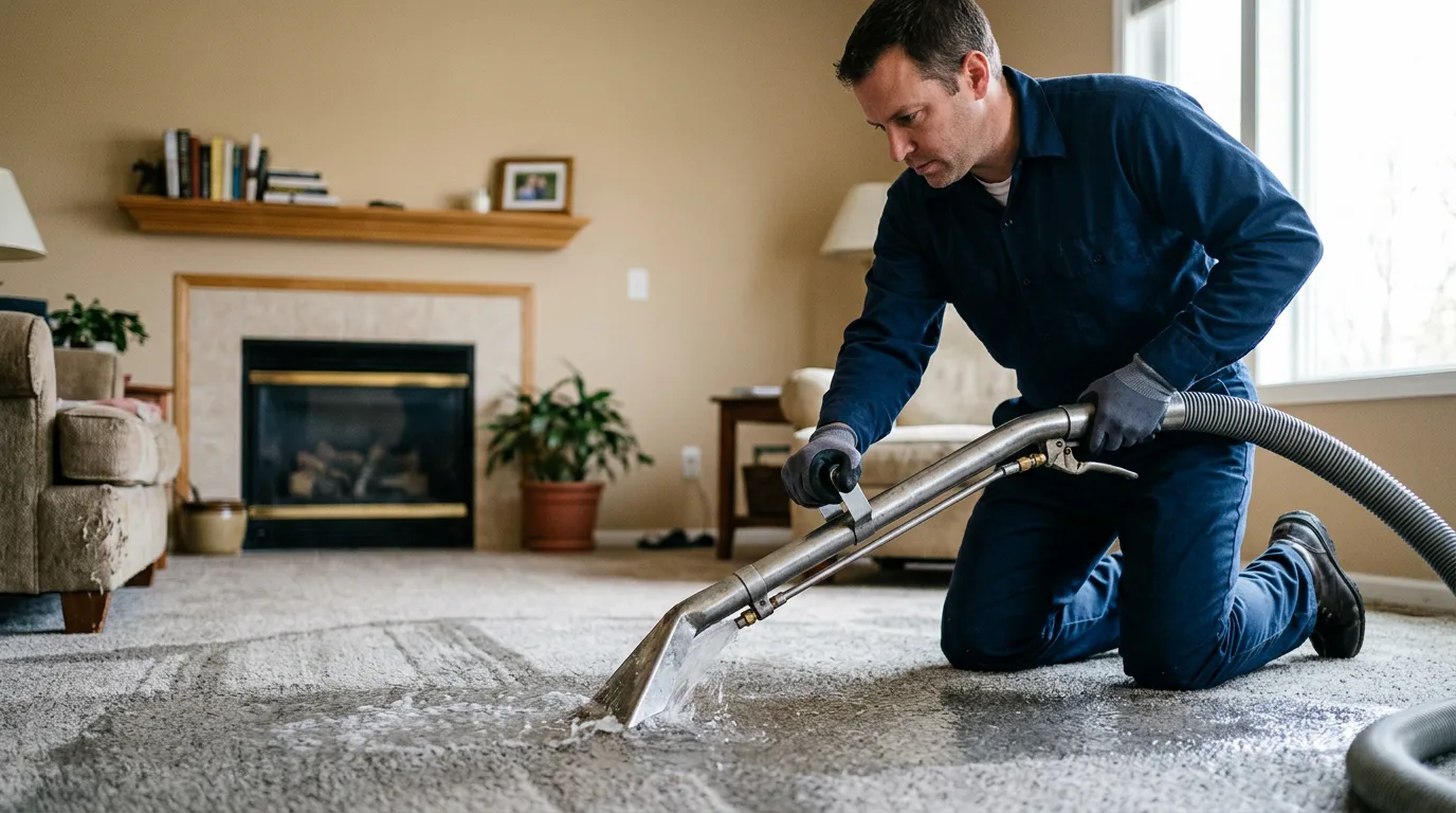 Water damage restoration technician working near Akron, NY